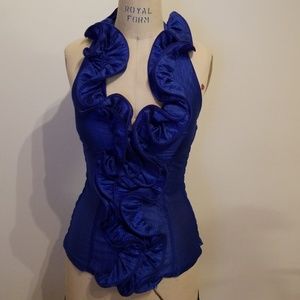 Royal blue ribbon tie halter top w/ ruffle detail